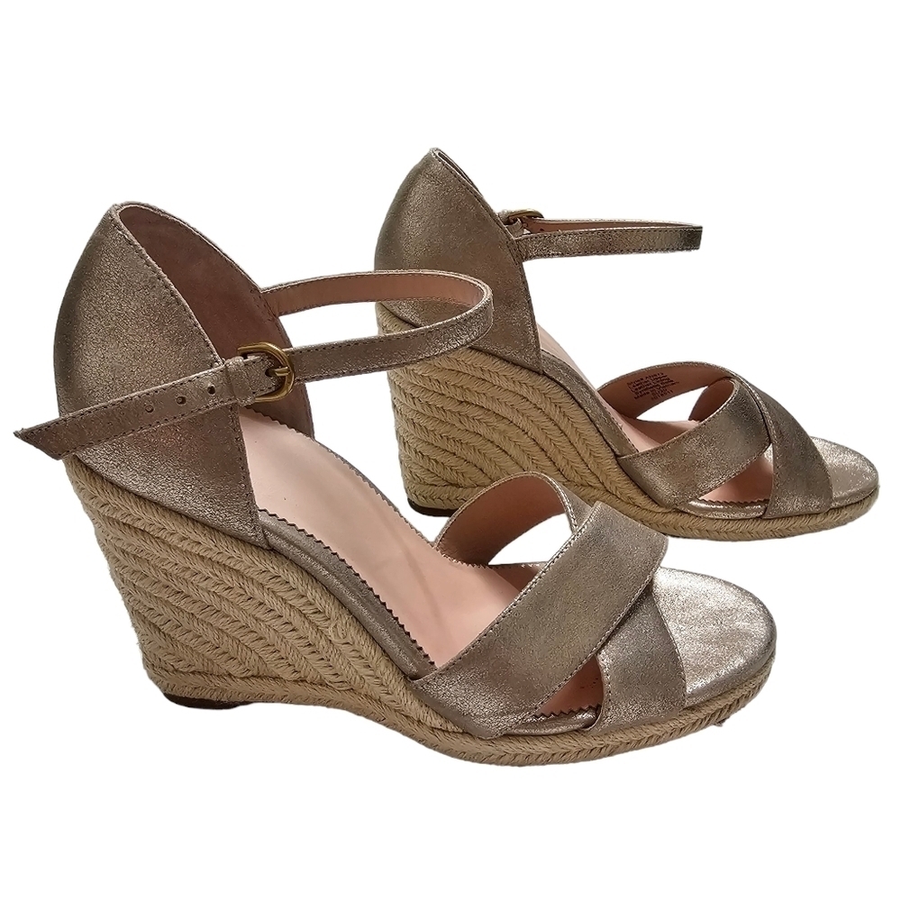 J. Crew Gold Pewter Jute Wedge Metallic Leather Sandals Strappy Shoes Size 10 - Picture 4 of 11